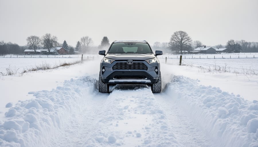Compact crossover with visible ground clearance parked in deep snow on an unplowed rural roadside.