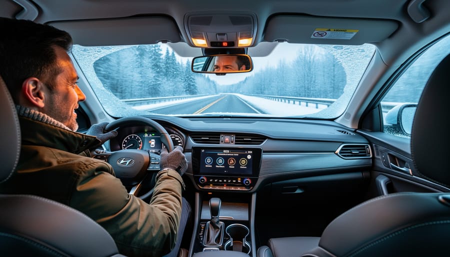 View from inside a car showing clear windshield and warm cabin lighting while family waits in a winter parking driveway.