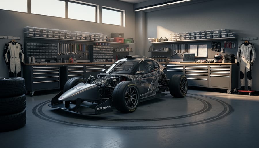 Racing helmet and steering wheel resting inside a garage with blurred pit equipment in the background