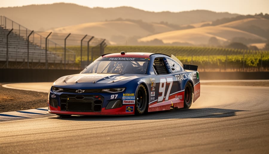 Shane Van Gisbergen’s Trackhouse No. 97 NASCAR stock car drives through a Sonoma Raceway road-course corner with sunlight and vine-covered hills in the background.