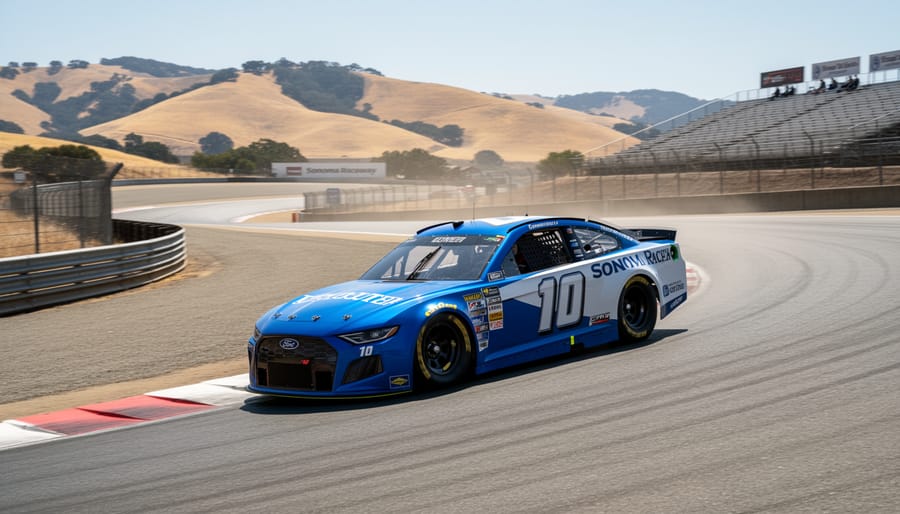 Stock car driving through a Sonoma Raceway road-course corner