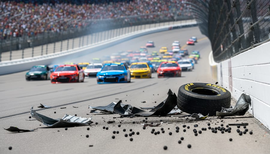 Crushed race debris on the Talladega track surface with blurred SAFER barriers in the background