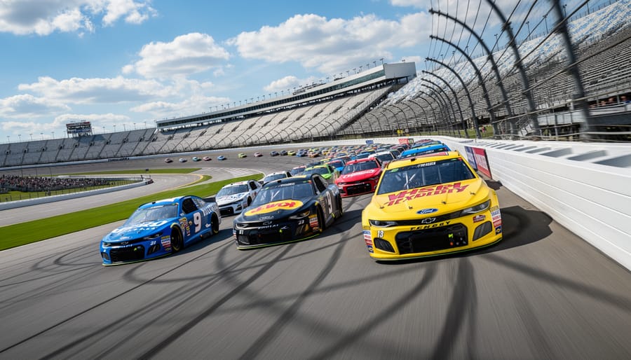 Race cars speeding along Talladega Superspeedway’s tri-oval on steeply banked turns