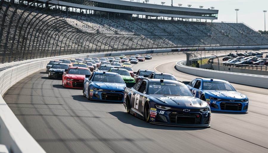 NASCAR stock cars run in a tight pack on Talladega Superspeedway’s steeply banked tri-oval during a full-throttle race under bright daylight.