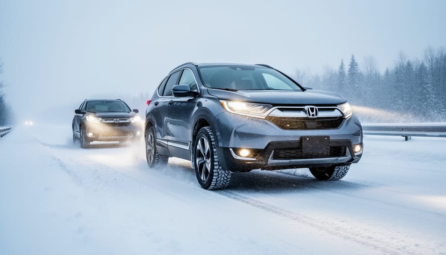 An all-wheel-drive SUV driving through fresh snow on a plowed Canadian road, with winter tires providing traction in blowing winter conditions.
