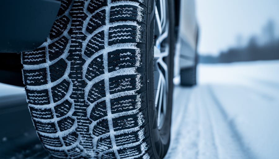 Gloved hand inspecting a winter tire with visible tread while removing it from a vehicle wheel in snowy conditions.