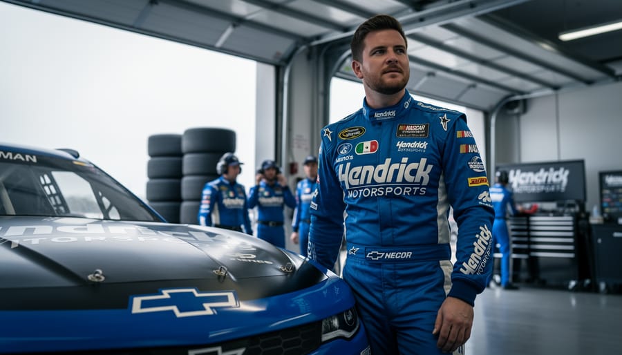 Alex Bowman in a Hendrick Motorsports firesuit stands beside a NASCAR stock car in the garage with blurred pit crew activity in the background.