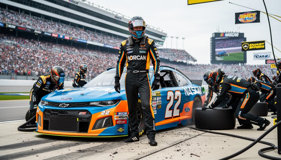Alex Bowman standing beside a Hendrick Motorsports Chevrolet race car in a NASCAR pit lane setting