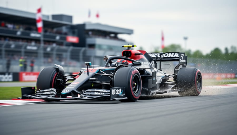 Low-angle view of a Formula 1 car speeding through a corner on a race circuit with blurred grandstands in the background.