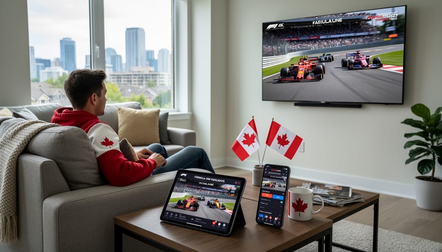Person watching blurred Formula One highlights on a TV and laptop in a Canadian living room.