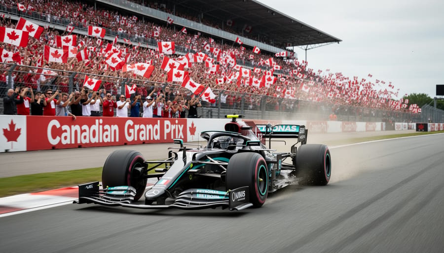 A Formula One car speeding through a night track under floodlights from ground level.