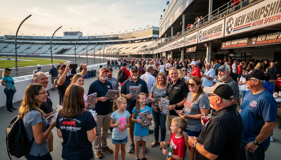 Spectators watching racing from near the track fence at New Hampshire Motor Speedway