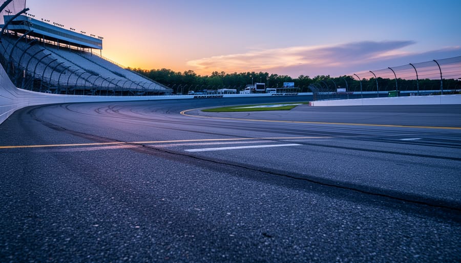 Wide dusk view of New Hampshire Motor Speedway’s oval track curving through the banked turn with grandstands in the background