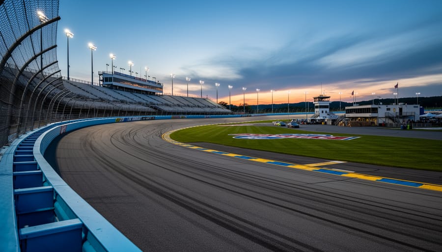 Wide view of New Hampshire Motor Speedway oval track during dusk with grandstands in the distance