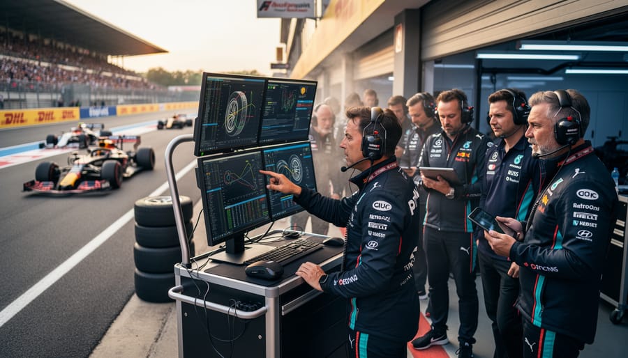 Race team mechanic in pit lane holding a helmet near equipment and tires.