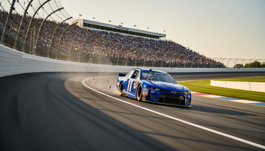 Race car exiting a banked turn at New Hampshire Motor Speedway