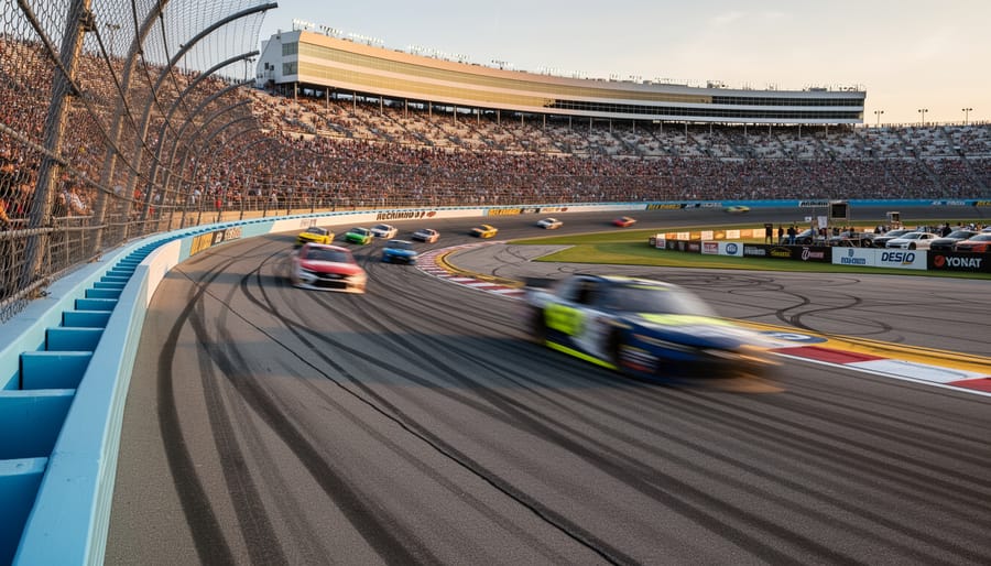 Trackside view of Richmond Raceway’s D-shaped oval with race cars streaking in the distance under stadium lights.
