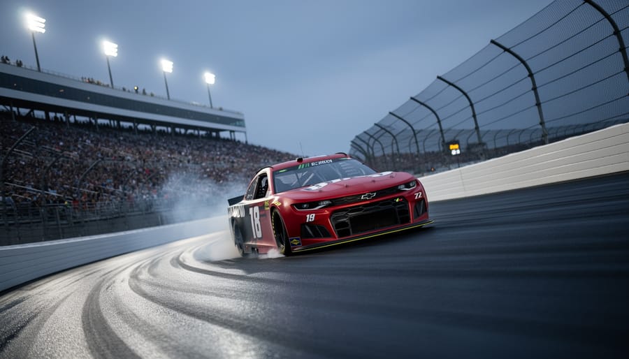 A NASCAR stock car speeds through a banked turn at Richmond Raceway at night under stadium floodlights.