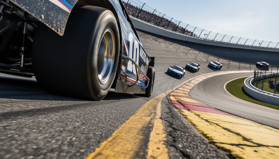 NASCAR stock car exiting a banked corner at Richmond Raceway with tire blur and trackside atmosphere.