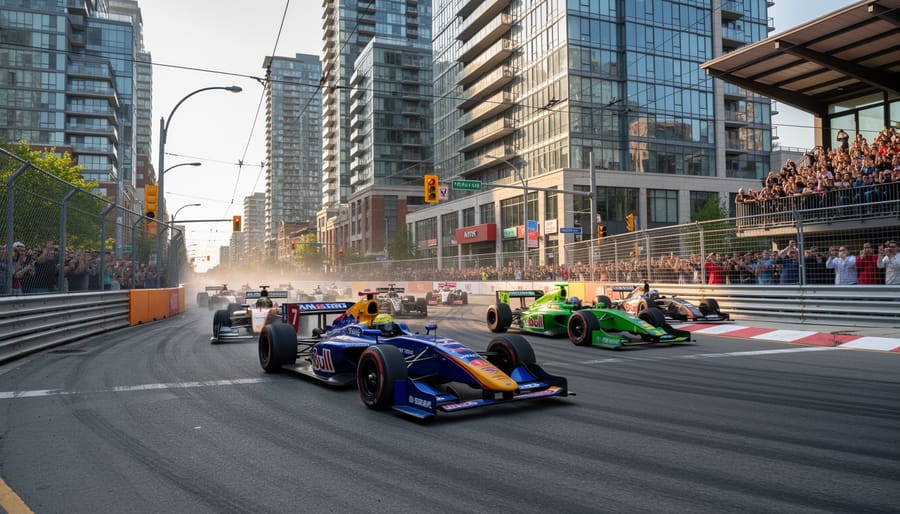 An open-wheel racecar navigates a street circuit on wet pavement with city buildings in the background.