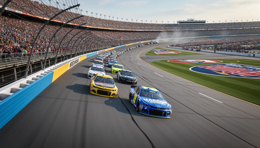 Race car on a superspeedway track viewed from the grandstands with bright daylight and a hazy distance