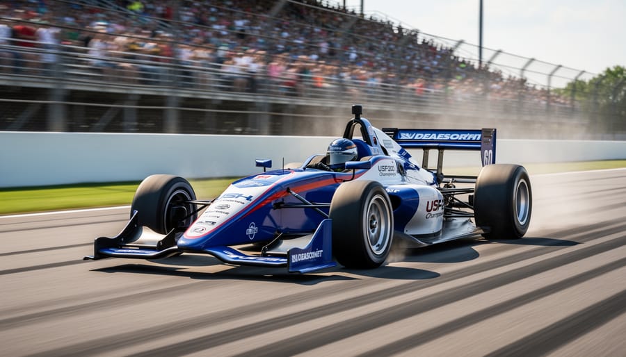 A Tatuus USF-22 open-wheel racecar speeds past on a racetrack under bright lights.