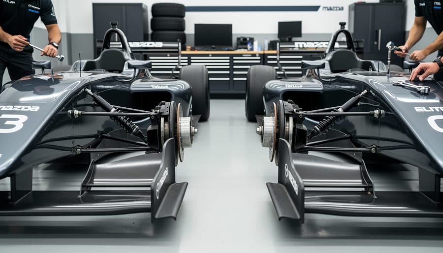 Close-up of mechanical components in a USF-22 racecar engine bay in a garage setting.