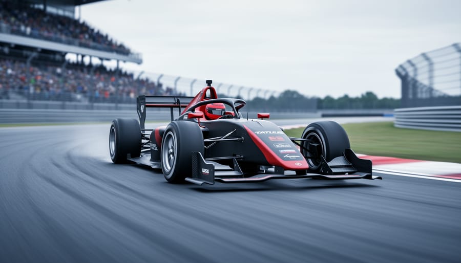 A Tatuus USF-22 open-wheel racecar accelerating through a track corner with blurred background and visible tires and aerodynamic bodywork.