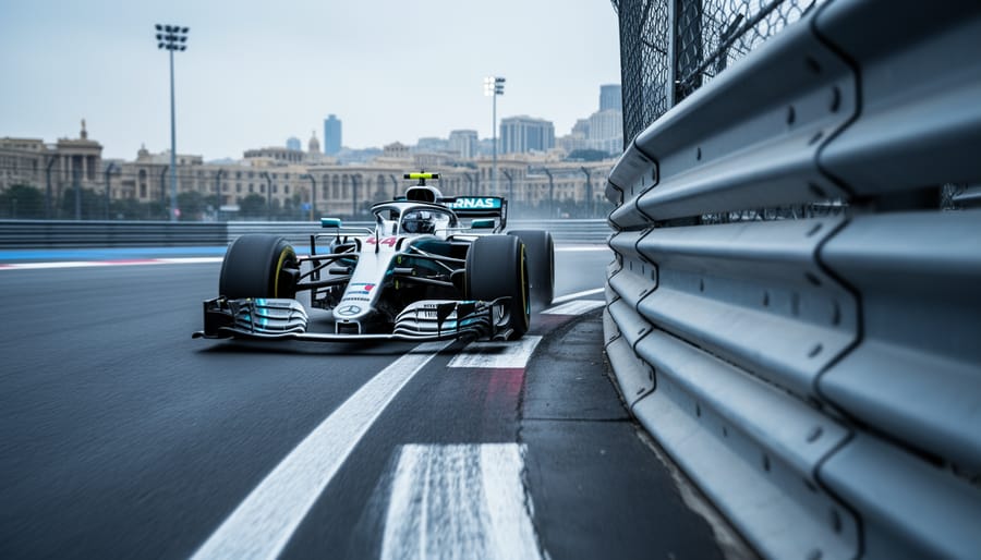 Formula 1 car speeding through a tight corner on the Baku City Circuit beside track barriers with a softly blurred city skyline in the background.