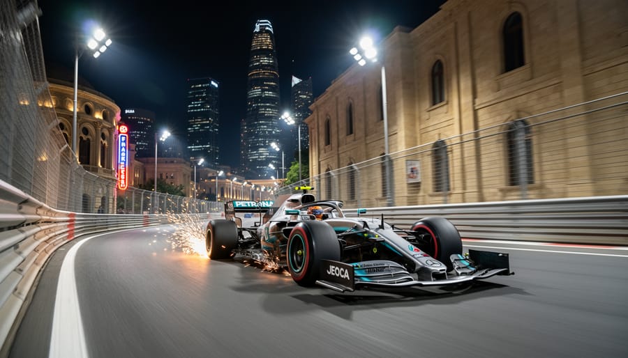 Formula 1 car speeding through Baku City Circuit at night with blurred street barriers and stadium lights