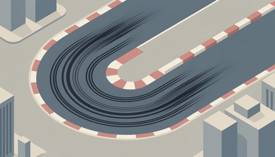 Close-up of curb and asphalt with visible tire marks near a street circuit barrier