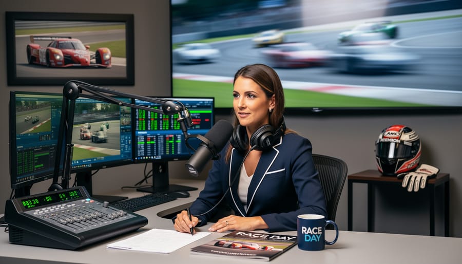 Broadcast microphone, earpiece, and racing communications gear arranged on a studio desk.