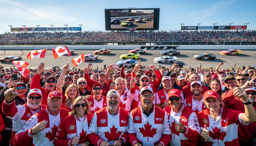 Canadian motorsports fans seated together watching the track at night under stadium lights.