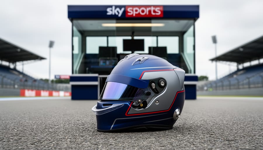 Close-up of a Formula 1 driver helmet placed on the pit lane with a blurred racetrack and broadcast booth background behind it.