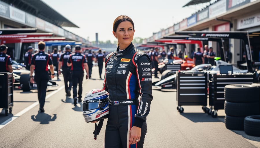 Danica Patrick stands in a racing paddock near a stationary IndyCar with teams’ equipment in the background.