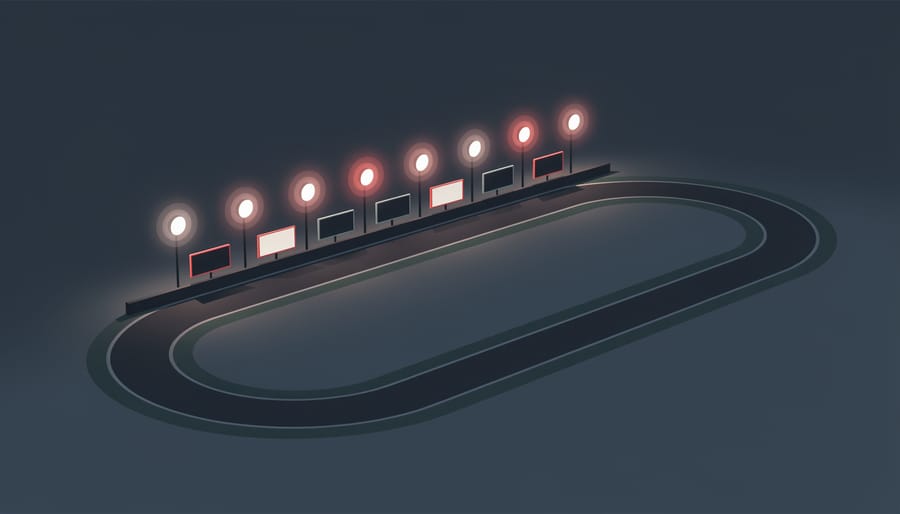 Illuminated starting light gantry on a racetrack at dusk with blurred stadium lights in the background.