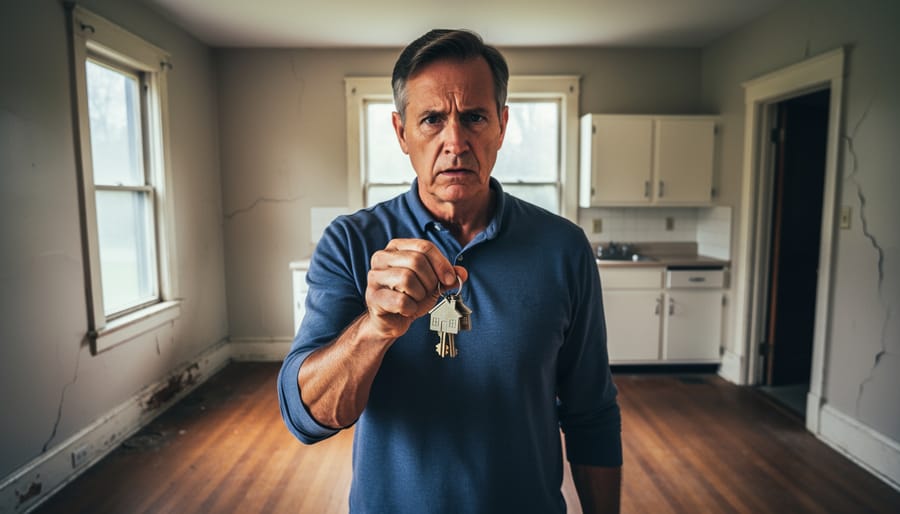 A homeowner holding keys in an entryway with an older house interior in the background, conveying worry about an unwanted property.