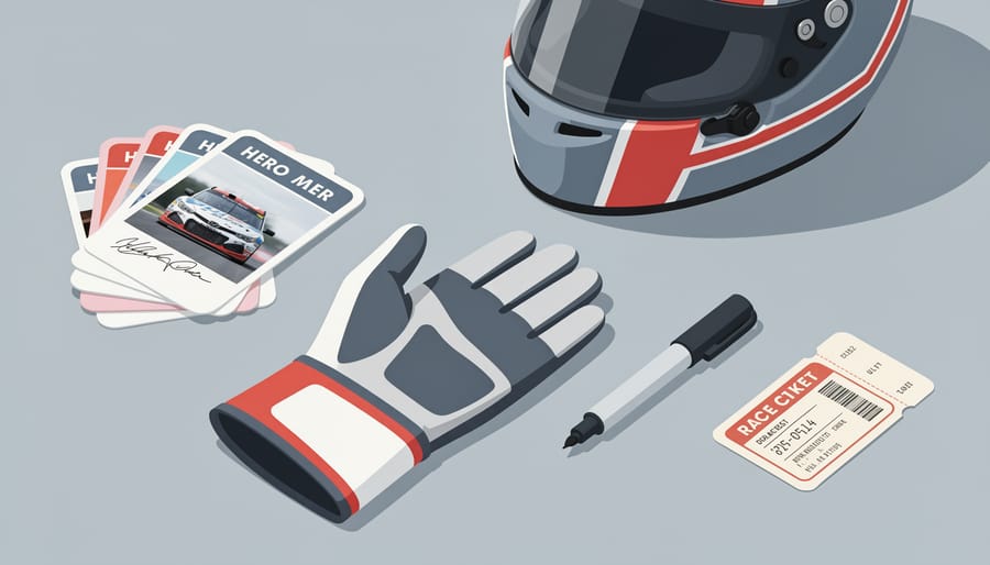 Close-up of racing glove, marker, and glossy autographed photo suggesting NASCAR driver appearance moments.
