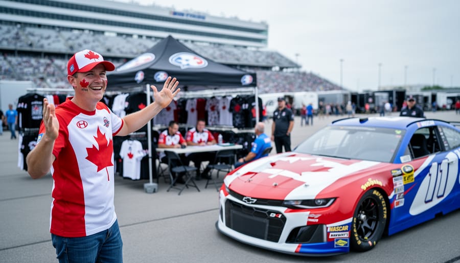 Canadian fan near a NASCAR stock car and merch tent at a track fan zone, with grandstands and crowd silhouettes in the background.