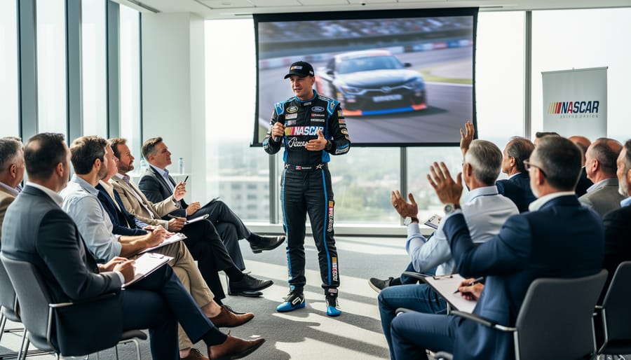 NASCAR driver speaking at a corporate event Q&A in a banquet room.