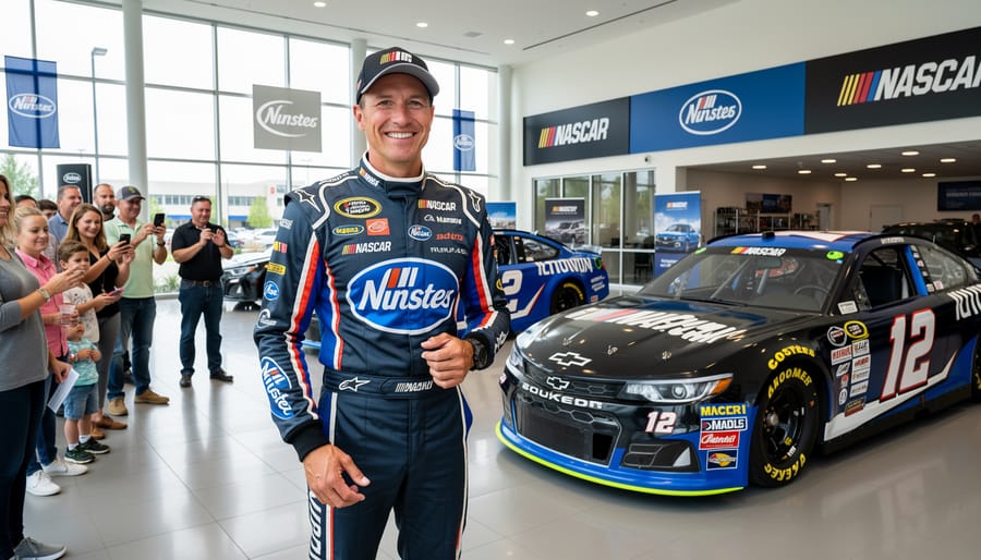 NASCAR driver standing near a display car at a dealership promotional event.