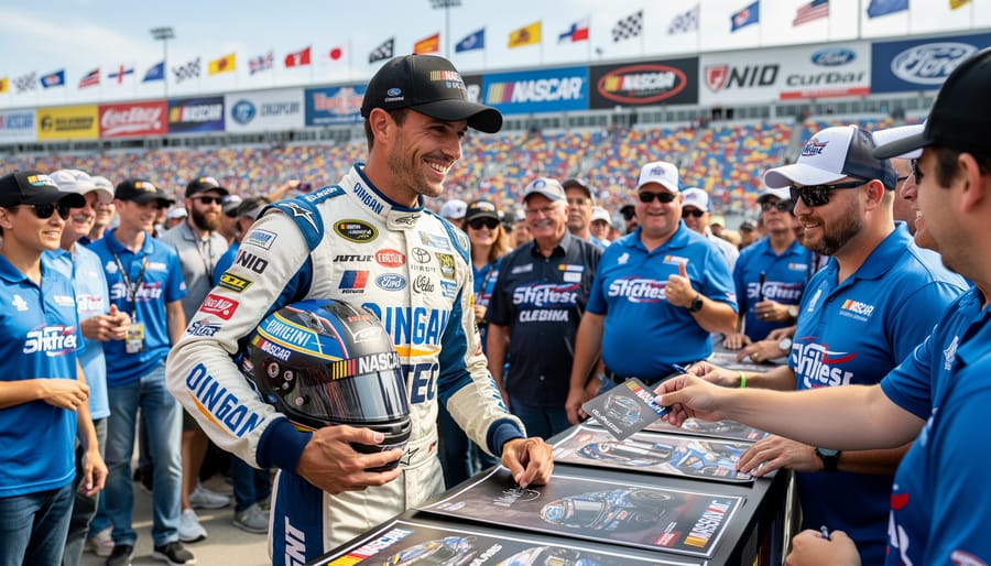 NASCAR driver signing autographs at a racetrack fan zone with fans in the background.