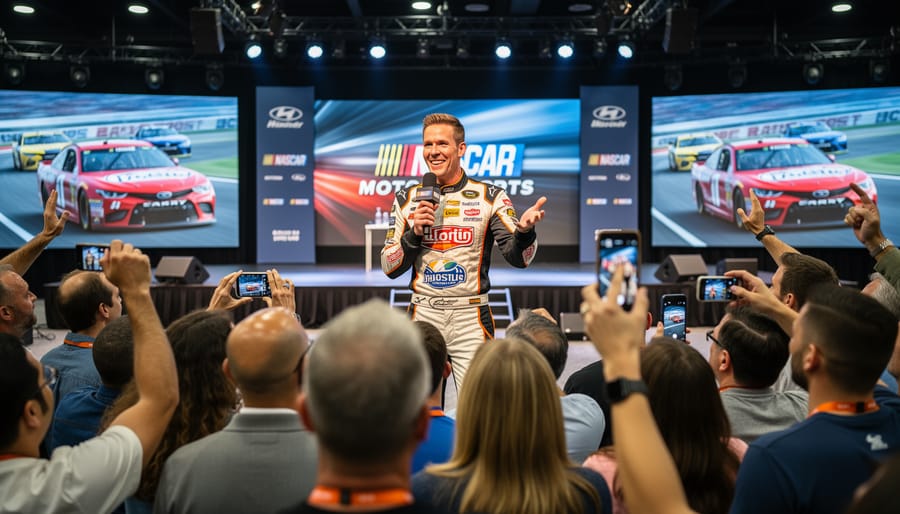 NASCAR driver speaking on a motorsports expo stage to a crowd of fans.