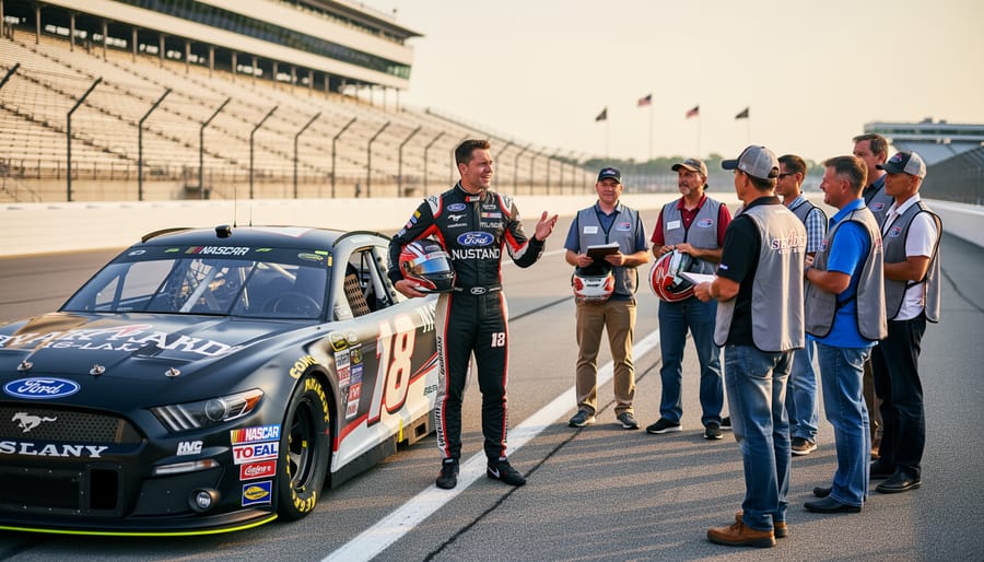 NASCAR driver demonstrating racing safety gear to students in a classroom setting.