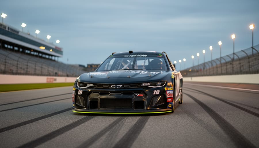 A NASCAR stock car parked on an empty speedway at dusk under cool blue-gray skies with faint stadium lights in the background.