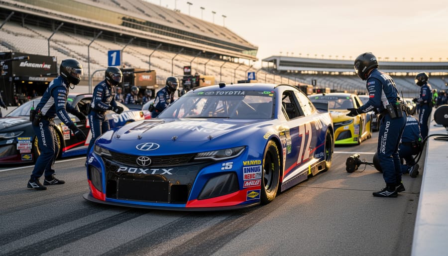 NASCAR race car staged on pit road with track surface details