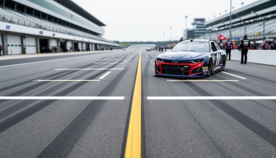 View of a NASCAR starting grid and pit lane at a race track, with an empty front-row area and a stock car in the foreground under an overcast sky.