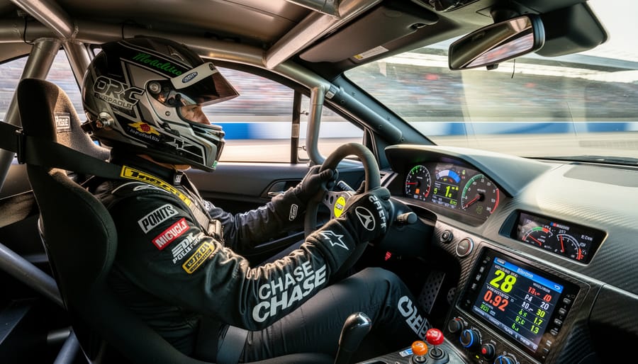 Close-up view of a NASCAR stock car cockpit and steering wheel with glossy details under race lighting
