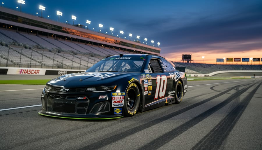 A NASCAR stock car parked at a motorsports track during dusk lighting.