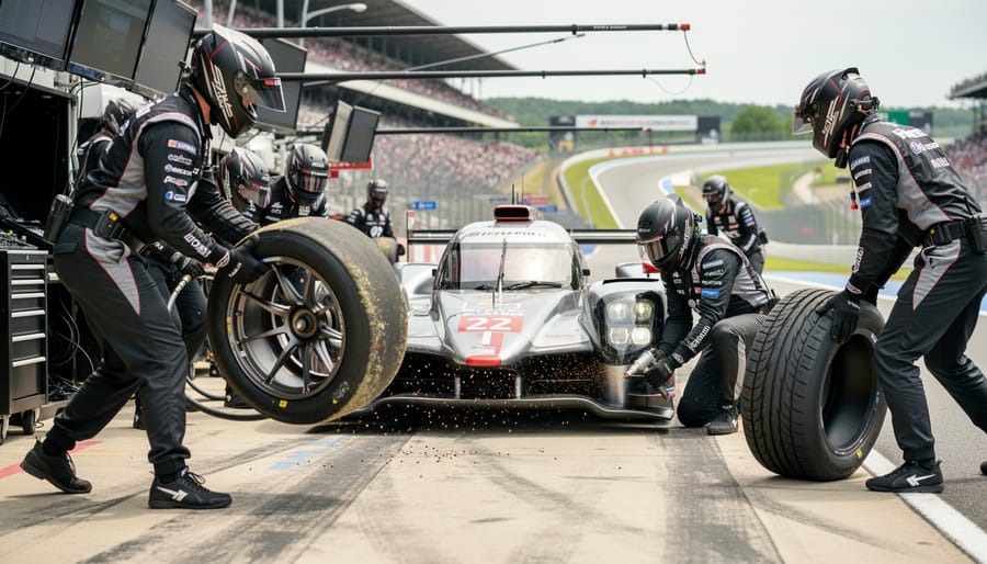 Crew members installing a race tire onto a NASCAR wheel in the pit area